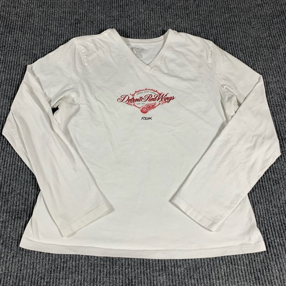 Detroit Red Wings T Shirt Womens 2XL White Long Sleeve NHL Hockey V Neck Top RBK